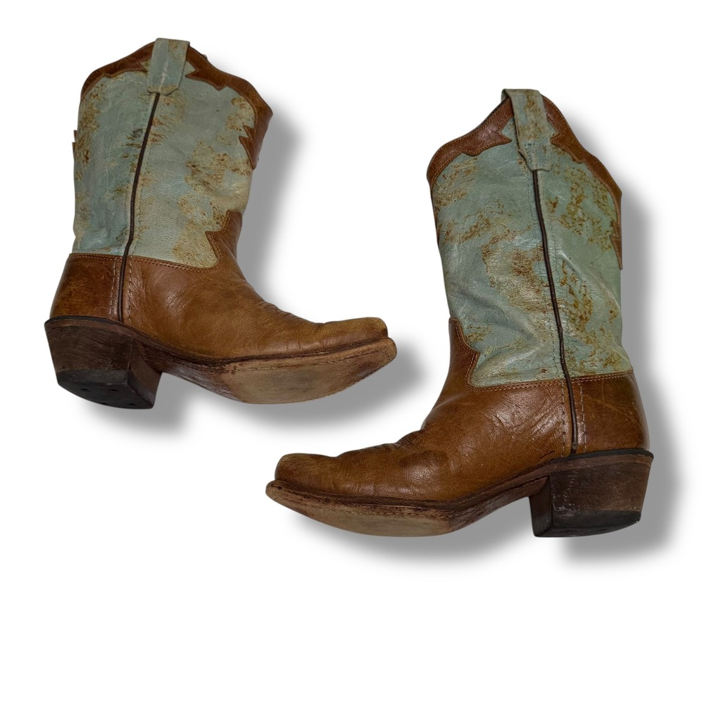 Old West Girls‎ Turquoise Brown Leather Distressed Boots Cowboy Size 3.5 CF8235